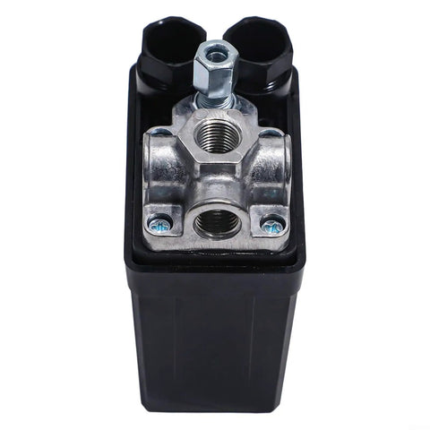 Air Compressor Pressure Switch 90 To 120 Psi 240V Replacement With Four Port Manifold, metal housing, 82 x 52 x 127mm size.