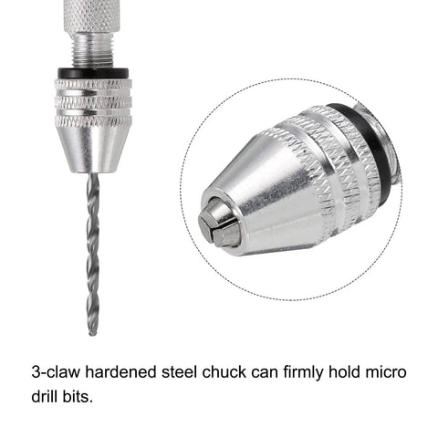 Close-up of 3-claw steel chuck holding a micro drill bit from Deluxe Tiny But Mighty Drill Bit Set For Precision Work Nine Size Pin Vise Hand Bits