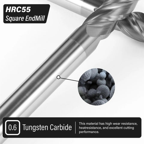 Close-up of HRC55 square endmill with 0.6 tungsten carbide material, showing high wear resistance and excellent cutting performance.