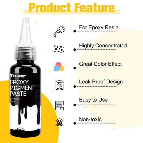 Front view of Teexpert epoxy pigment paste bottle, jet black, 50ml, with dropper cap.