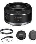 RF 50mm F1.8 STM Lens Bundle With UV Filter And Lens Cap Keeper for Low Light Portraits and Vlogging, shown with included accessories.