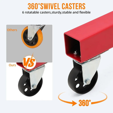 Comparison of 360° swivel casters on Badass Heavy Duty Folding Hydraulic Engine Hoist Cherry Picker for stability and flexibility.