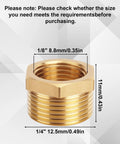 Front view of nine-piece brass reducer hex bushing set, 1/4 NPT male to 1/8 NPT female, threaded pipe fittings