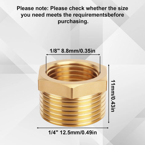 Front view of nine-piece brass reducer hex bushing set, 1/4 NPT male to 1/8 NPT female, threaded pipe fittings