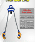 Blue steel chain drum lifter with dual yellow-orange hooks for lifting 30–55 gallon metal or plastic drums
