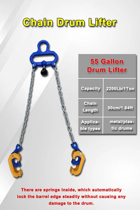 Blue steel chain drum lifter with dual yellow-orange hooks for lifting 30–55 gallon metal or plastic drums