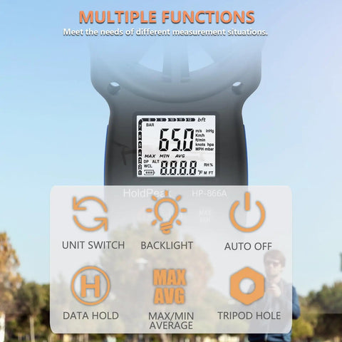 866A HVAC Anemometer Pro CFM Air Flow Meter With USB Handheld Wind Speed Temperature Humidity And Dew Point Gauge For Ductwork And HVAC Pros Boss Level Airflow Monitoring Device, display and function icons