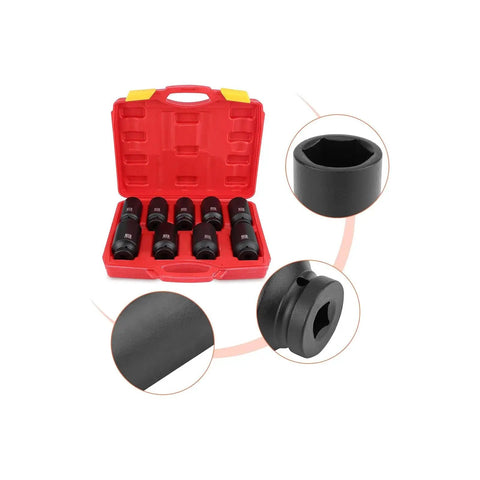 9 Piece Deep Impact Socket Set For Car Wheel Hub Nuts 29mm To 38mm Hex Drive Tool Kit With Tough Ratchet For Heavy Duty Axle Mech Fixin' in red case