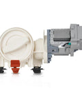 Side view of front-load washer drain pump filter assembly with white housing and gray motor