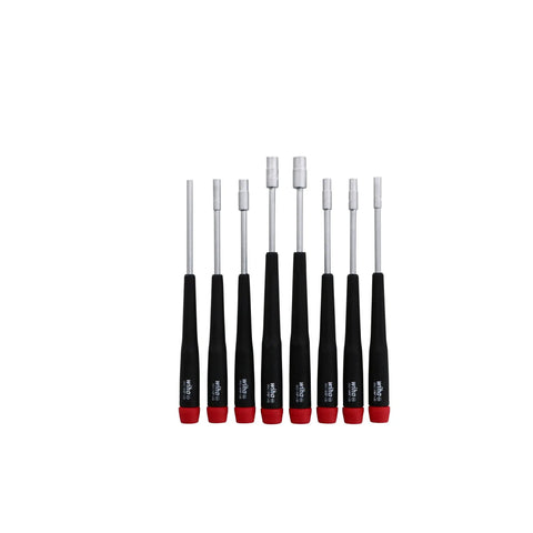8 Piece Precision Nut Driver Set Inch Size With Narrow Profile And Tapered Handles In Chrome Satin Finish For Tight Spots And Exact Fit