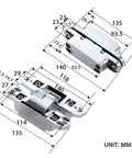 Two Pack Zinc Alloy Hidden Folding Door Hinges 23x95mm with screws for cabinets and counters, shown with detailed measurements.