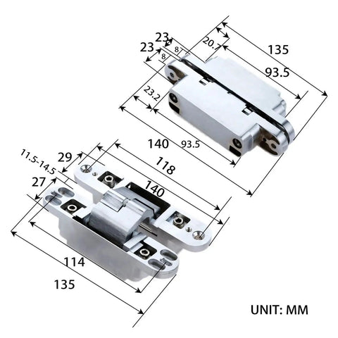 Two Pack Zinc Alloy Hidden Folding Door Hinges 23x95mm with screws for cabinets and counters, shown with detailed measurements.
