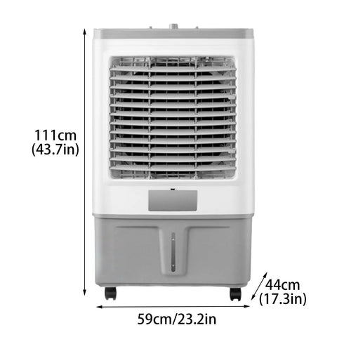 Quiet Portable Air Conditioner Fan With Three Speeds Ultra Low Noise Evaporative Swamp Cooler No Sweat Cooling In Bedroom Home Office Or Desk Setup Daily, front view with dimensions displayed.