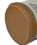 Heavy Duty Canvas Tool Bucket With No 4 Canvas And Leather Bottom, 17 Inch High By 12 Inch Diameter, 100 Pound Load Rating, Web Handle Runs Down Sides For Extra Strength, Swivel Snap Hook, Durable Top Ring For Tough Jobs showing close-up of leather reinforced base.