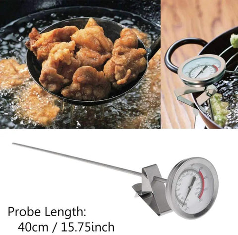 15 Inch Turkey Fryer Thermometer With Pot Clip 2 Pack 2 Inch Dial Candy Thermometer Stainless Steel Clip Deep Fry Oil Thermometer For Frying And Cooking Beef And Meat In Tall Pots The Go To Kitchen Workhorse. Shown with frying chicken.