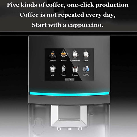 Real Deal Fully Automatic Espresso Machine With Built In Bean Grinder 19 Bar Pump Programmable Smart Coffee Maker Featuring Fast Heating And Auto Cleaning System Black touch panel displaying five coffee options.