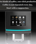 Next Level Fully Automatic Home Espresso Maker With Built In Bean Grinder Programmable Touchpad showing coffee options on digital display.