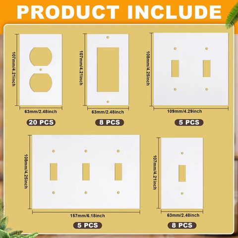 46 Pack Outlet and Wall Plates Insulation Sealer Set for Weatherproofing and Energy Saving Includes Outlet Sealers Switch Sealers Decorative Light Switch Covers Wall Plates Double and Triple Gang Draft Seals Easy No Cut Installation, product dimensions