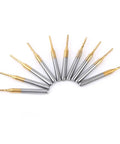 End Mill Router Bit Set Ten Pack 1.5mm Tungsten Coated Carbide CNC Engraving Bits arranged in a fan shape
