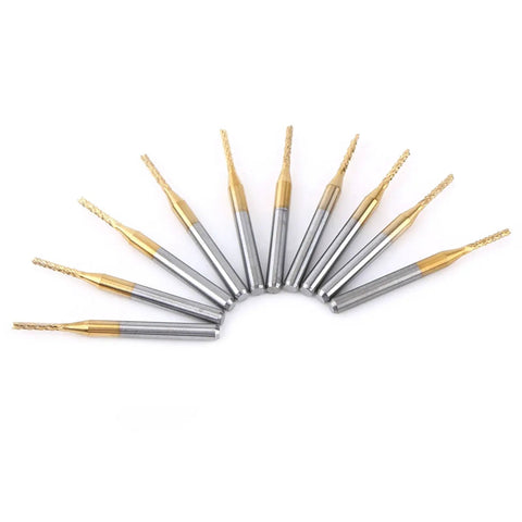 End Mill Router Bit Set Ten Pack 1.5mm Tungsten Coated Carbide CNC Engraving Bits arranged in a fan shape