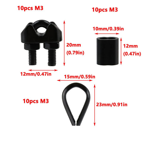 10pcs M3 components from 30 Piece Stainless Steel Wire Rope Kit With Cable Clips Thimbles And Aluminum Crimp Sleeves M3 One Eighth Inch Black
