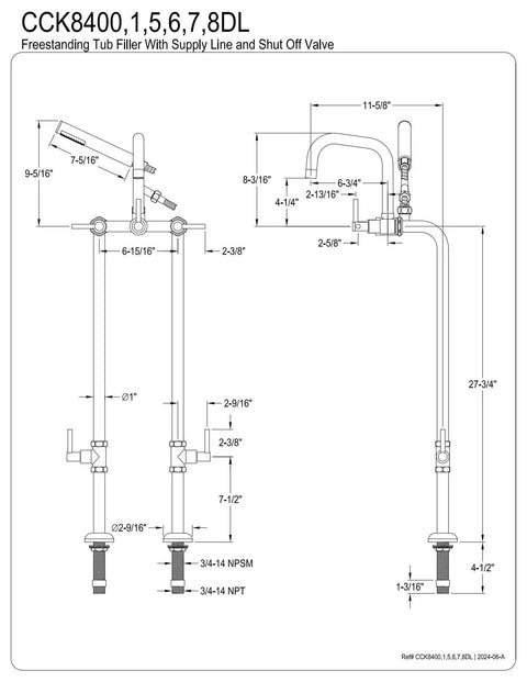 Technical drawing of Concord Freestanding Tub Faucet With Supply Line Matte Black Finish Solid Brass, dimensions labeled.