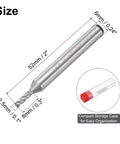 angled side view of uxcell 2.5mm end mill bit, 4-flute HSS-AL, 6mm shank, 52mm length, with storage case (4pcs)