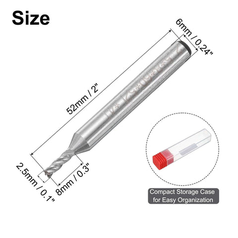 angled side view of uxcell 2.5mm end mill bit, 4-flute HSS-AL, 6mm shank, 52mm length, with storage case (4pcs)