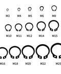 225 Piece External Retaining Rings Set In 304 Stainless Steel Snap Rings Assortment Kit shown in various sizes M3 to M25