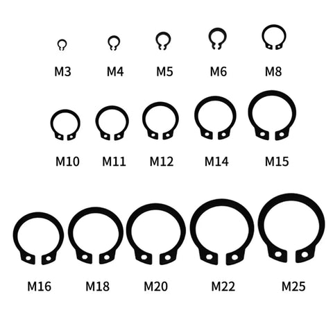 225 Piece External Retaining Rings Set In 304 Stainless Steel Snap Rings Assortment Kit shown in various sizes M3 to M25
