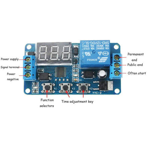 Dc 12V Time Delay Relay Module With Led Display Digital Timer For Automation And Plc Control, labeled components, front view.