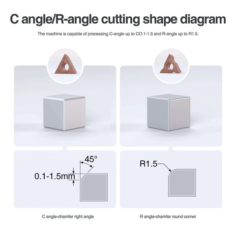 Mulcort pneumatic chamfering tool with six C-blade inserts; diagram of C-angle and R-angle chamfer shapes.