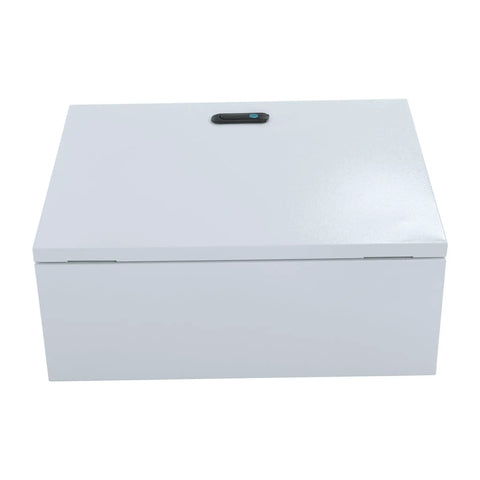 Front view of 16 by 8 by 20 NEMA 4X electrical junction box, rugged steel enclosure with dual key lock for industrial controls.