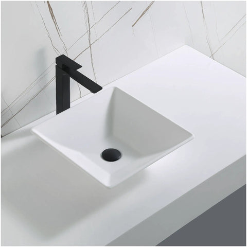 Quattro QM178 Vibrant Matte White 16 Inch Square Bathroom Vessel Sink For Above Counter Install with modern wall backdrop