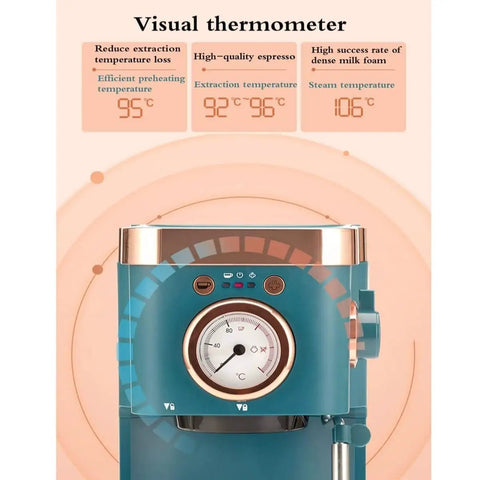 Visual thermometer display on Game Changer Semi Automatic Espresso Maker With Integrated Milk Frother And Steam Wand.