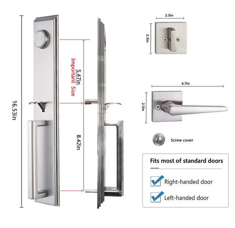Silver Satin Nickel Front Entry Handleset With Keyed Lockset And Dummy Lever For French Doors, Model 2011SN dimensions shown