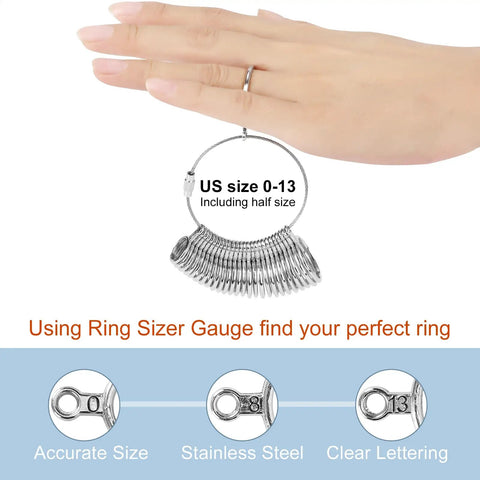 Pro Grade Ring Sizer Tool Kit With Magnified Glass, 27 Piece Premium Steel Ring Measurement Set, hand using ring size gauge