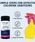 Food Service Chlorine Test Strips 0-500 Ppm Value Pack for Bleach Sanitizer Testing, bottle and spray sanitizer steps graphic