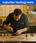 Technician using Set Of 2 Type C Inductance Testers For Motherboards And Coils, high sensitivity electromagnetic induction tool.