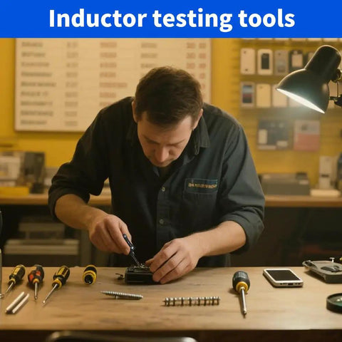 Technician using Set Of 2 Type C Inductance Testers For Motherboards And Coils, high sensitivity electromagnetic induction tool.
