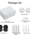 LeMotech white ABS junction box, IP65 dustproof, 5.9 x 4.3 x 2.8 in, front view with knockouts