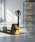 Super Heavy Duty Electric Pallet Jack With 4400 Lb Capacity And Dual Drive Modes For Tough Warehouse Work That Cracks Like A Whip, side view in warehouse.
