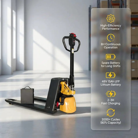 Super Heavy Duty Electric Pallet Jack With 4400 Lb Capacity And Dual Drive Modes For Tough Warehouse Work That Cracks Like A Whip, side view in warehouse.