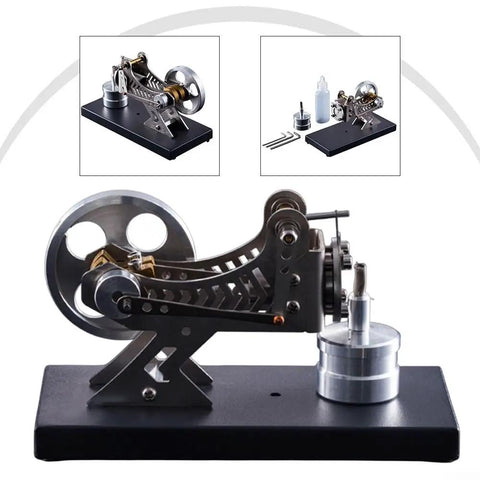 Aluminum Steam Engine Model Kit For DIY Learning with Hot Gas Turbine Motor and parts on a black base.