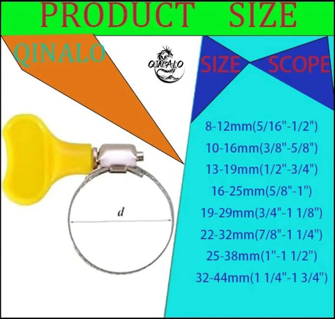 Yellow Stainless Steel Hose Clamp with thumb screw, showing size compatibility chart from 8-44 mm for various projects.
