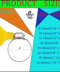 Yellow Stainless Steel Hose Clamps 14 Pack Adjustable Thumb Screw Key Type 8mm Bandwidth for Plumbing Automotive And Machinery, Fits 5/16 To 1/2 Inch Hoses, Durable Do It All Clamp Kit diagram with size chart.