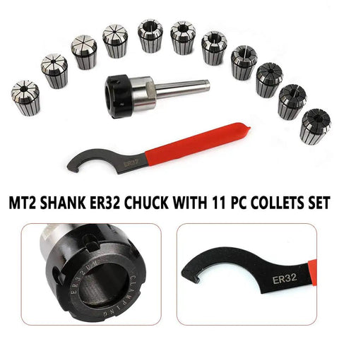 MT2 ER32 Morse Taper Collet Chuck Set for CNC Milling Lathe Tool Holder, includes 11 collets and wrench, pro grade engraving accessory