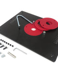 Professional Grade Anodized Aluminum Router Table Insert Plate 9 X 12 Inch mounted with red rings and hardware for woodworking.