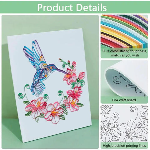 Killer DIY Quilling Kit Featuring 240 Dope Color Strips And A Smooth Guide Tool For Flower Hummingbird Paper Craft Projects Awesome Template Board For Adults Wall Art Decor Plus Sweet Room Vibes, hummingbird and flower design.