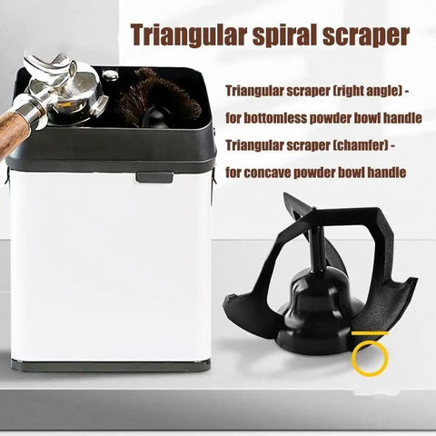 Legit Electric Portafilter Cleaner And Coffee Grounds Knock Box With 58mm Basket For Espresso Machines showing triangular scrapers for cleaning.